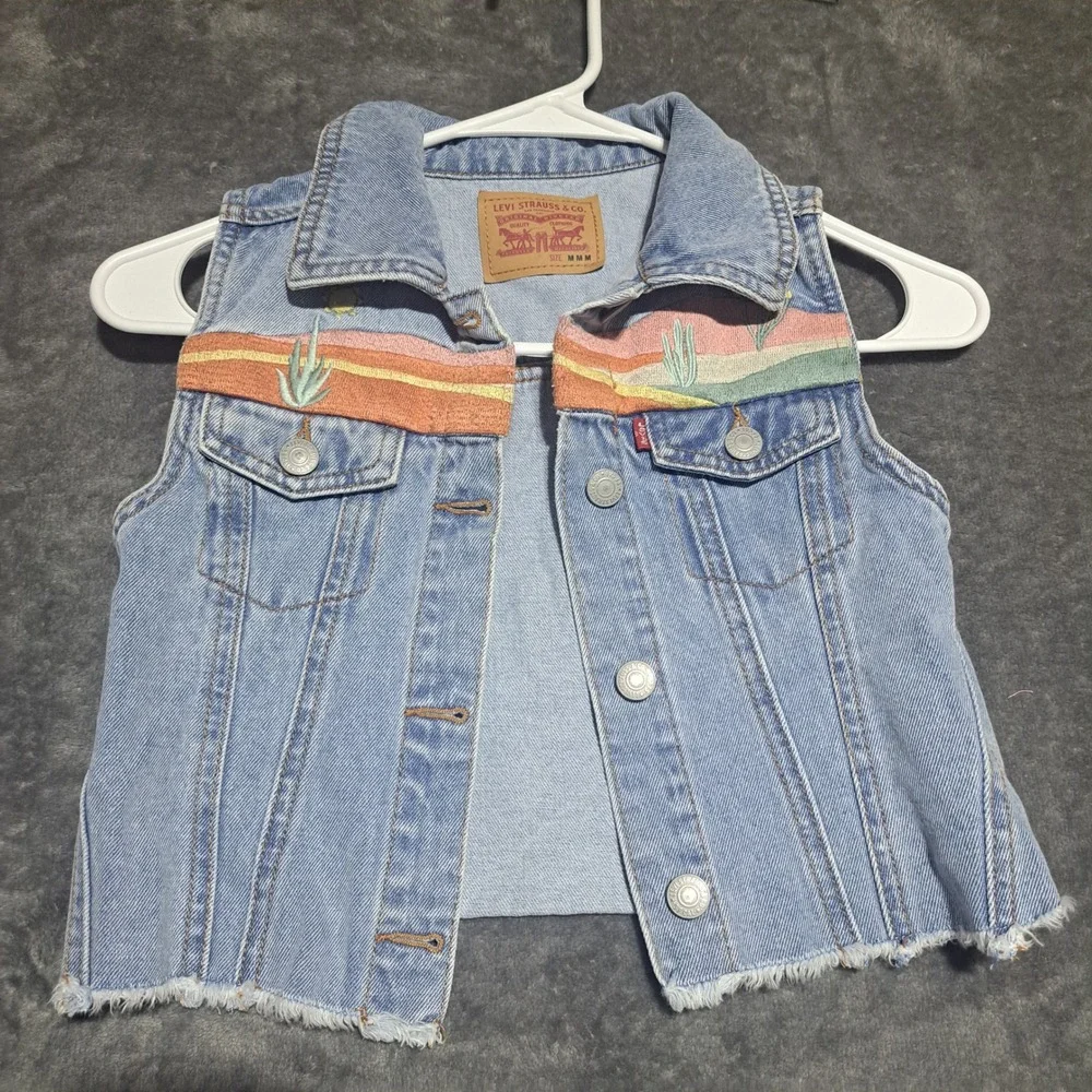 Levi Girls Denim Vest and Mini Mom Shorts Set Blue Cactus Desert Boho Western